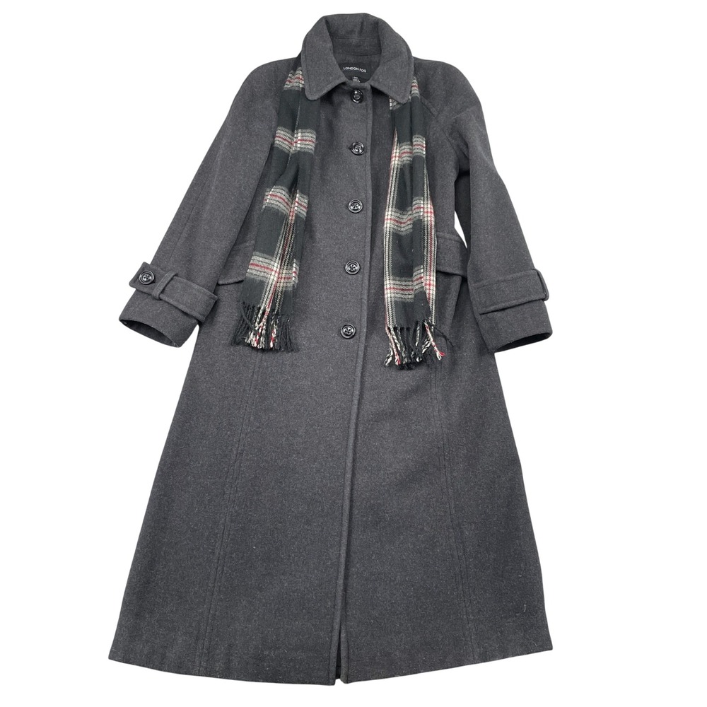 London Fog Long Peacoat Womens 10P Grey Wool Blend Button Front Scarf Included